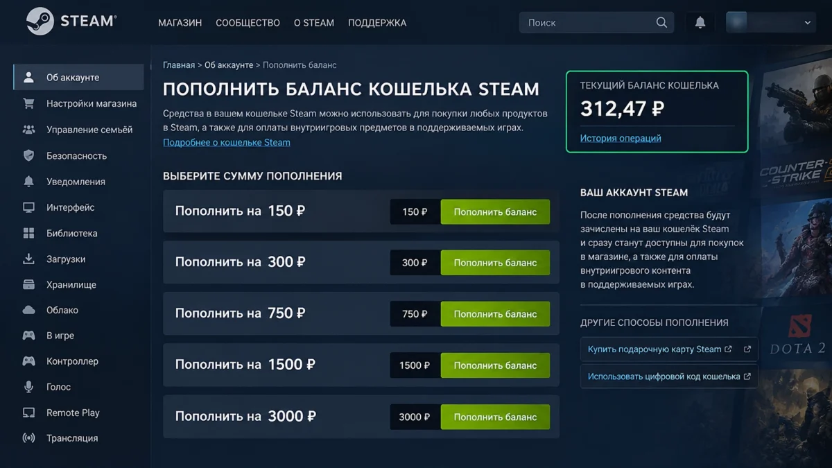 Страница Steam с балансом кошелька и кнопками пополнения