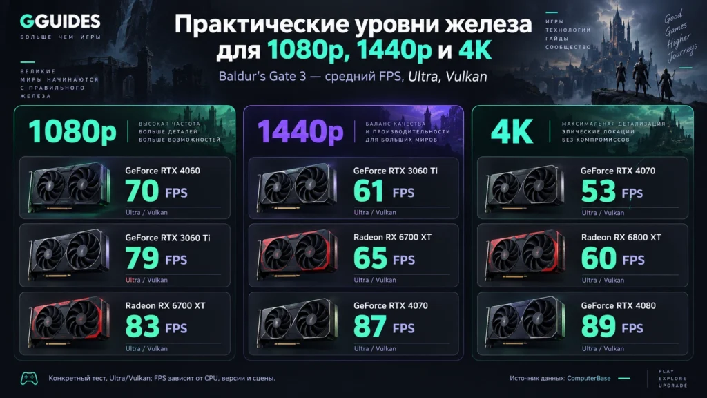 FPS Baldur's Gate 3 в 1080p, 1440p и 4K на разных видеокартах