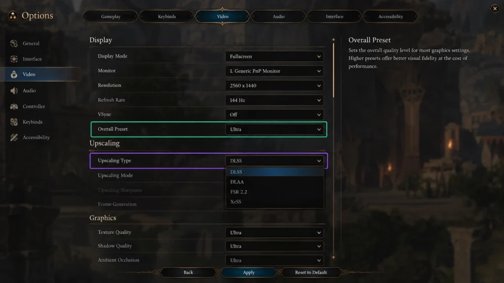 Настройки разрешения, качества и апскейлинга в Baldur's Gate 3