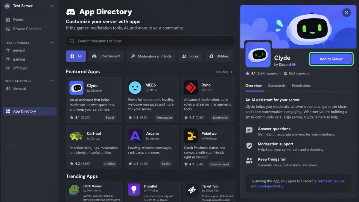 Каталог приложений Discord с открытой страницей бота и кнопкой добавления.