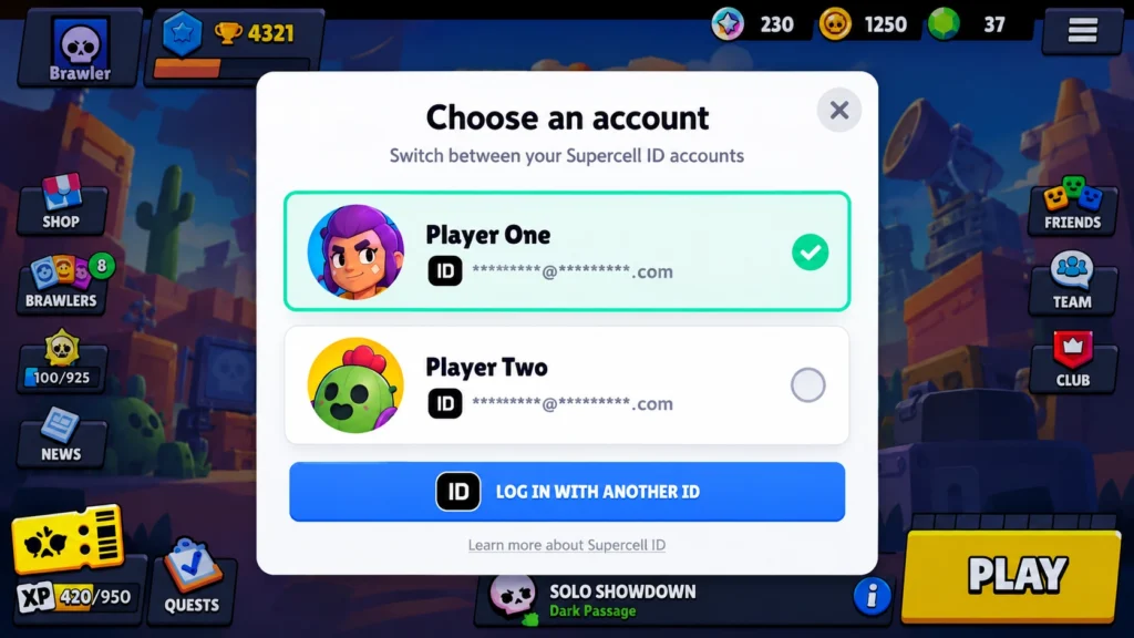 Выбор сохранённого аккаунта Brawl Stars через Supercell ID