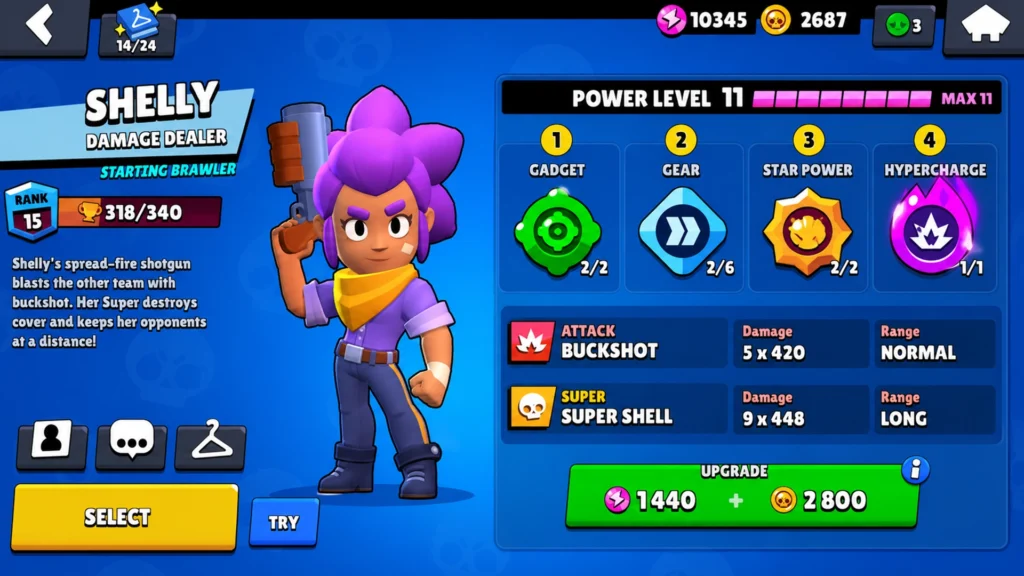 Экран прокачки бойца Brawl Stars с гаджетом, снаряжением, звездной силой и гиперзарядом