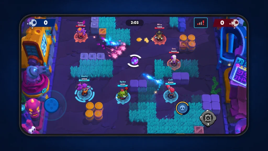 матч Brawl Stars с предупреждением о плохом соединении.