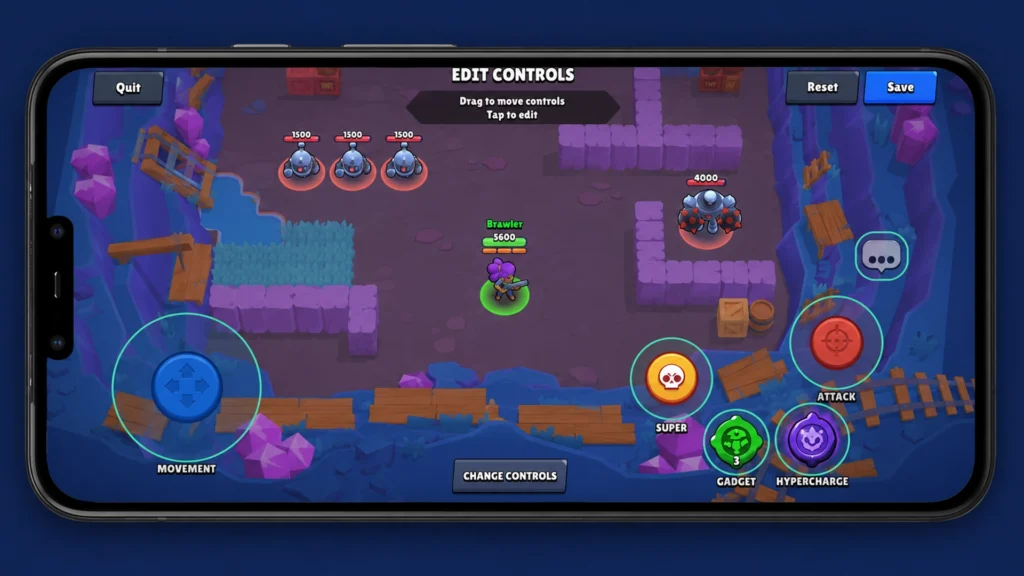 экран настройки управления в Brawl Stars с джойстиками и кнопками способностей.