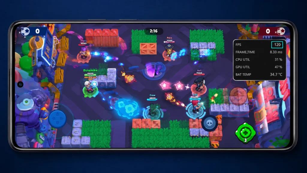 матч Brawl Stars с системным оверлеем производительности и показателем 120 FPS.
