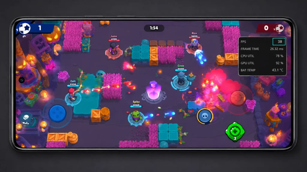матч Brawl Stars с системным performance overlay и заметной просадкой FPS.