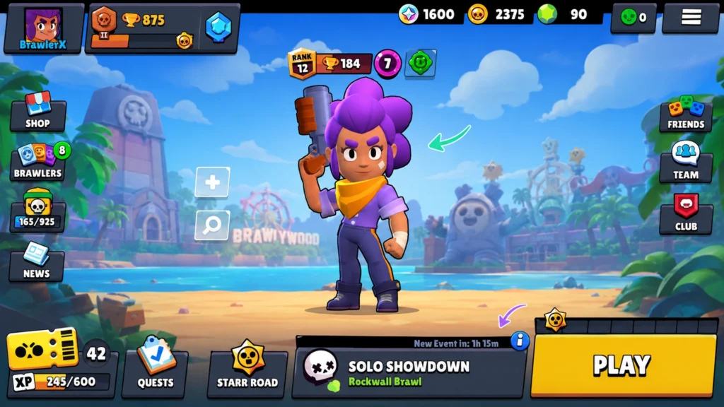 Главный экран Brawl Stars с выбранным бойцом и кнопкой игрового режима