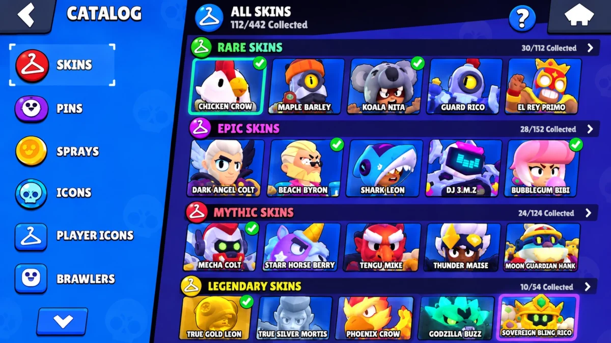 каталог Brawl Stars со скинами бойцов разных редкостей