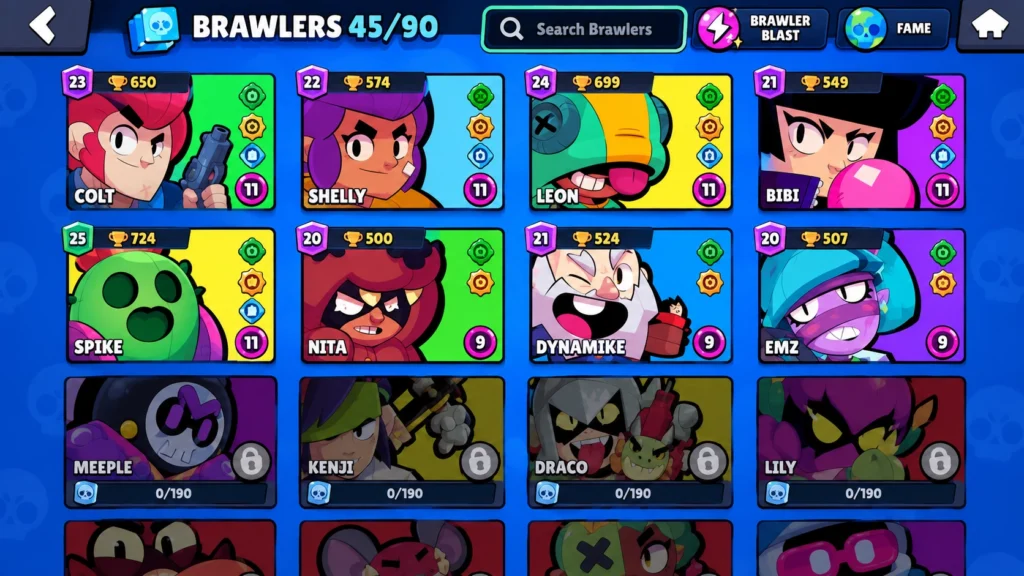 Экран Brawlers со списком бойцов Brawl Stars