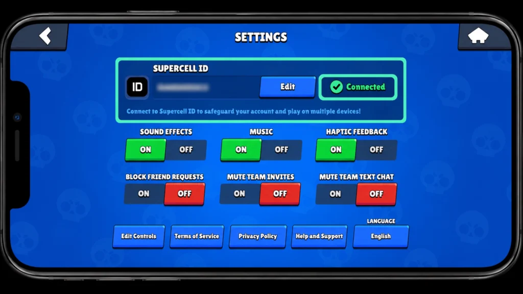 Подключённый Supercell ID в настройках Brawl Stars перед переустановкой.