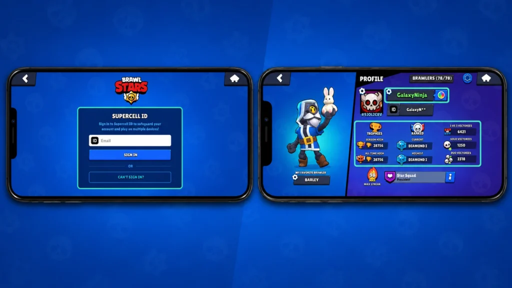 Вход в Supercell ID и восстановленный аккаунт Brawl Stars после переустановки.