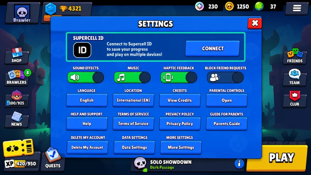 Раздел Supercell ID в настройках Brawl Stars