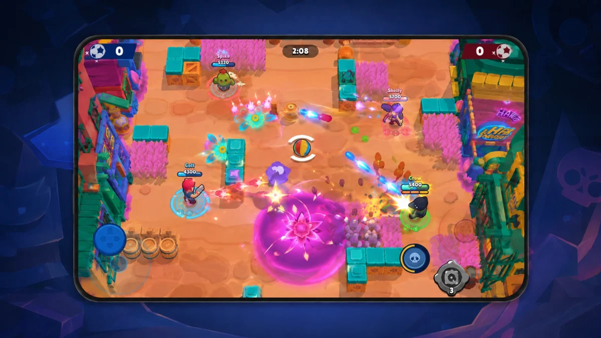 матч Brawl Stars с несколькими бойцами и эффектами способностей.