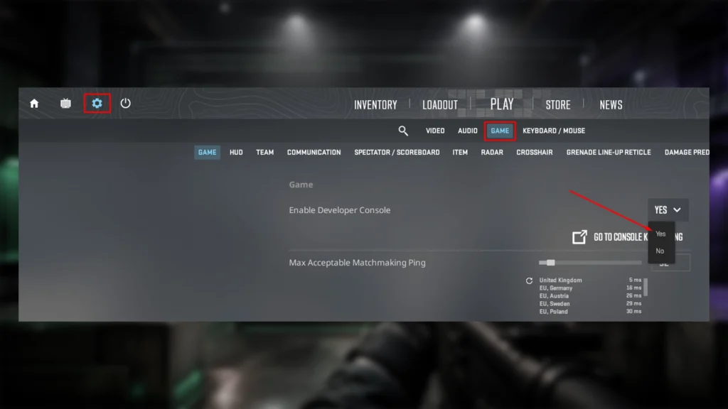 Параметр «Включить консоль разработчика» в настройках Counter-Strike 2