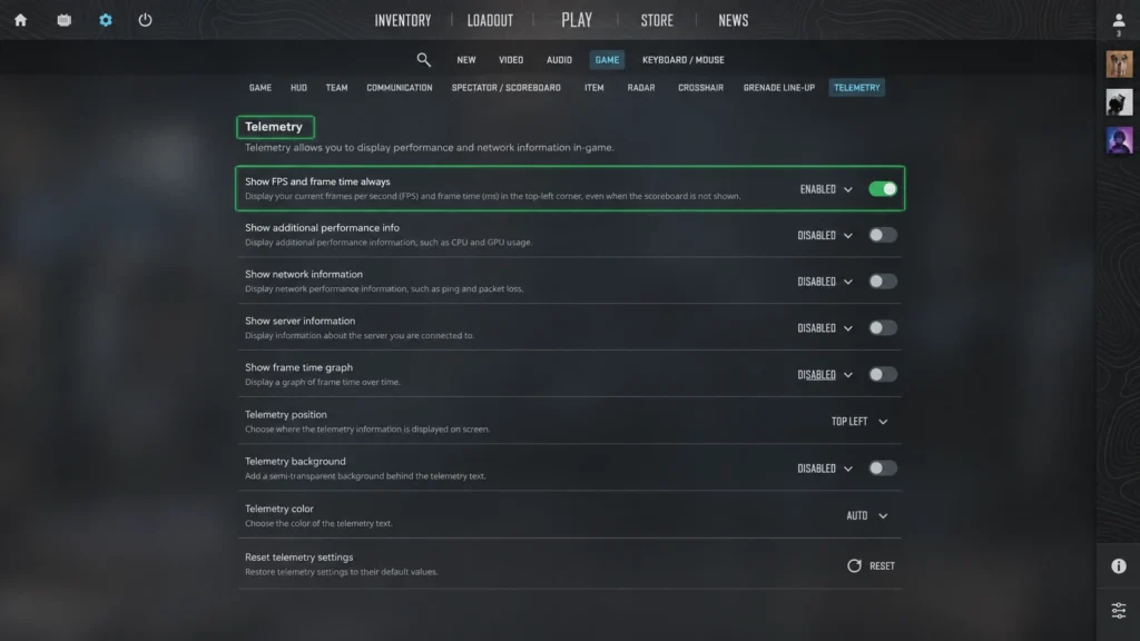 Настройки Telemetry для отображения FPS в Counter-Strike 2