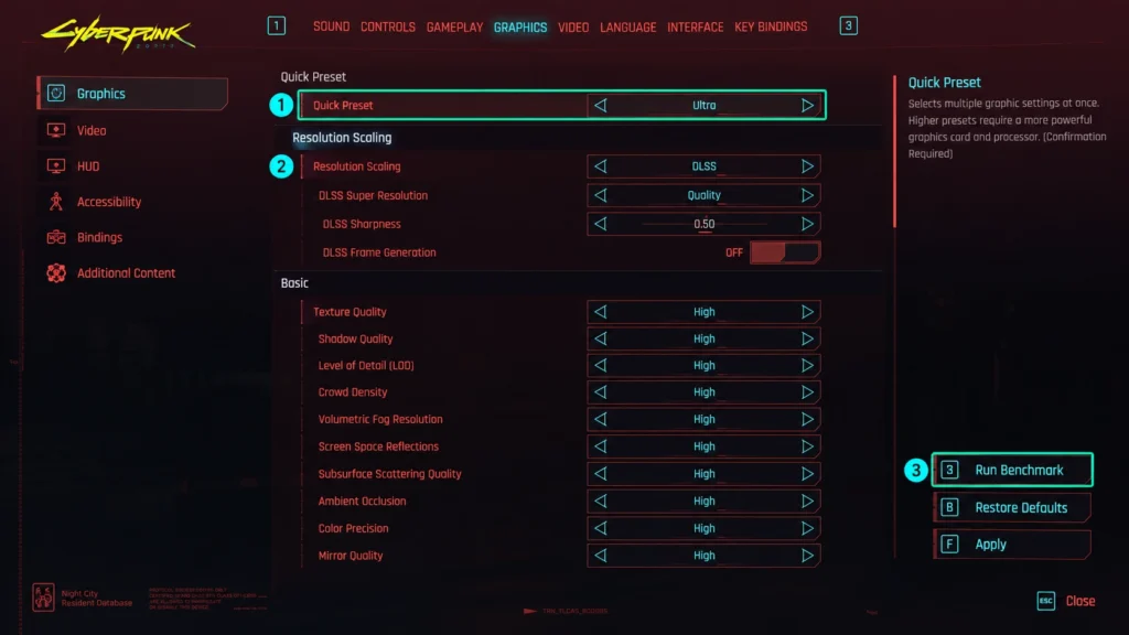настройки графики и кнопка бенчмарка Cyberpunk 2077
