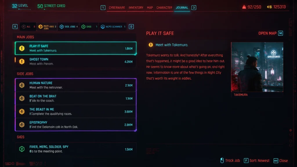 основные и дополнительные задания в журнале Cyberpunk 2077