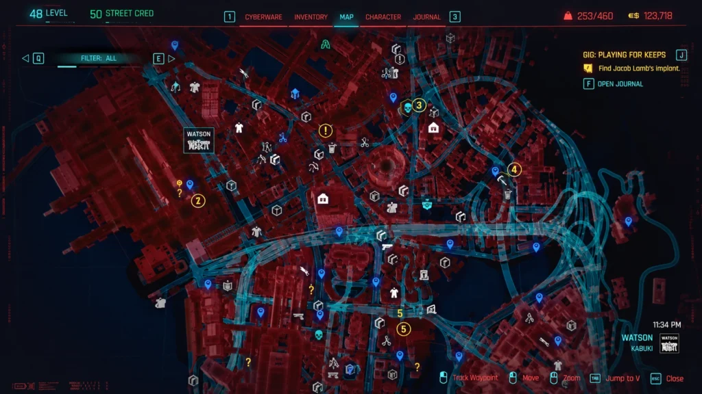 карта Cyberpunk 2077 с заказами и дополнительными активностями