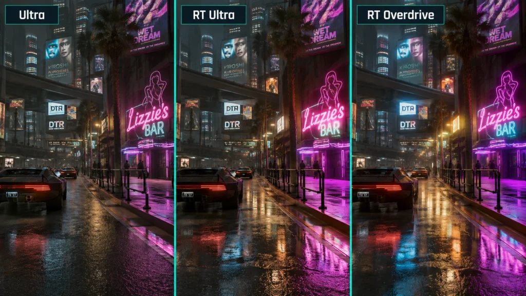 сравнение обычного рендеринга, Ray Tracing и Path Tracing в Cyberpunk 2077