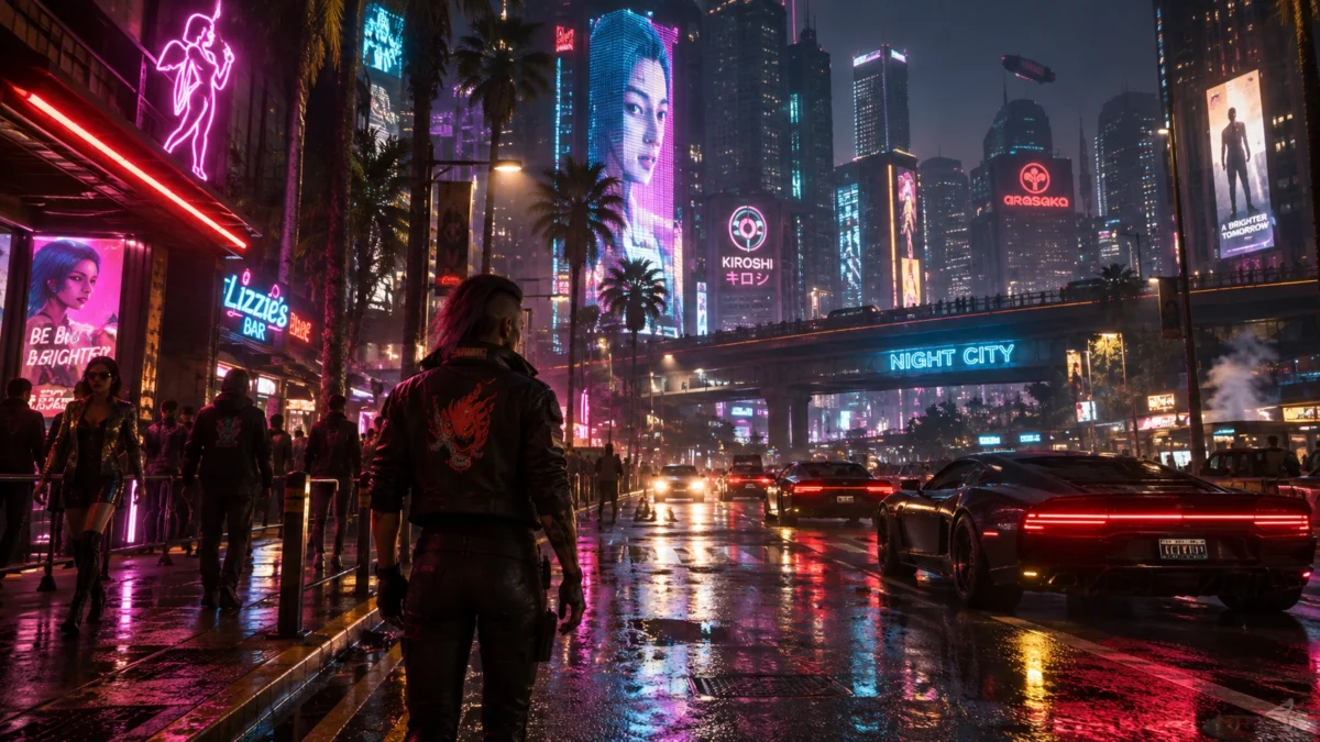 оживлённая улица Найт-Сити в Cyberpunk 2077 на ПК