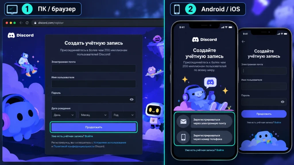 Формы регистрации аккаунта Discord на компьютере и телефоне