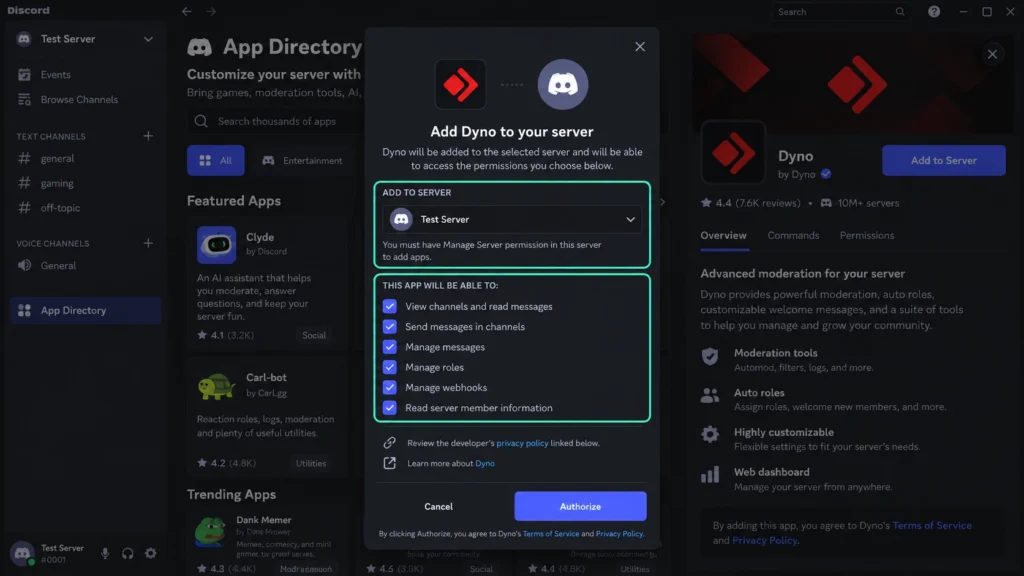 Выбор сервера и разрешений при добавлении бота Discord