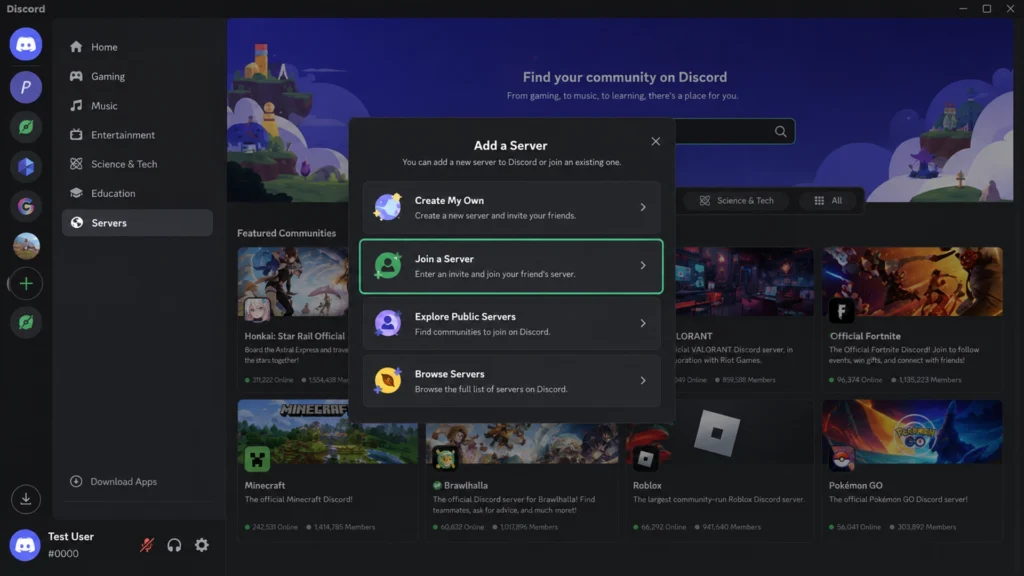 Меню добавления сервера Discord с пунктом Join a Server