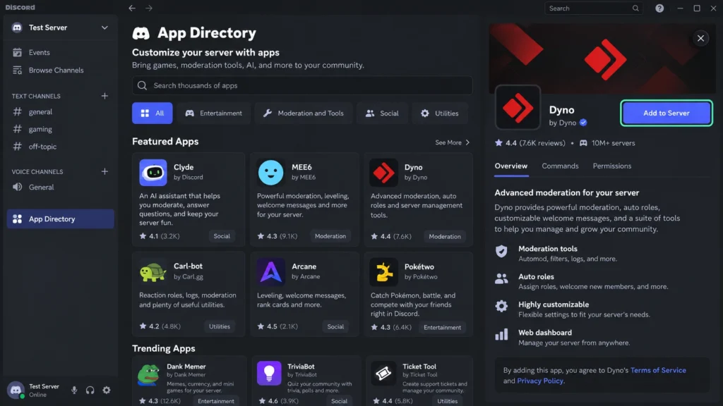 Страница приложения в каталоге Discord с кнопкой добавления на сервер