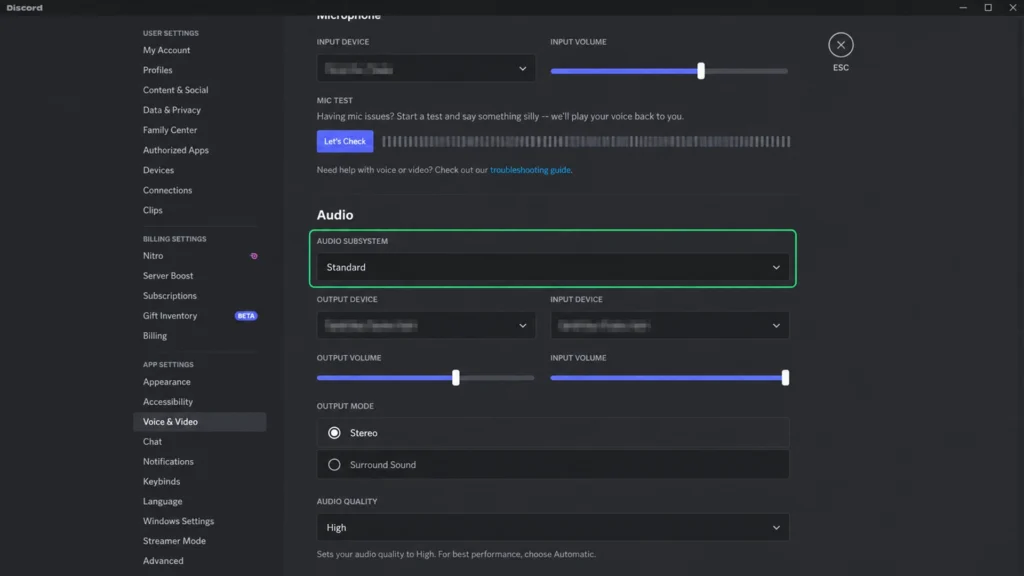 настройка Audio Subsystem в разделе Voice & Video приложения Discord
