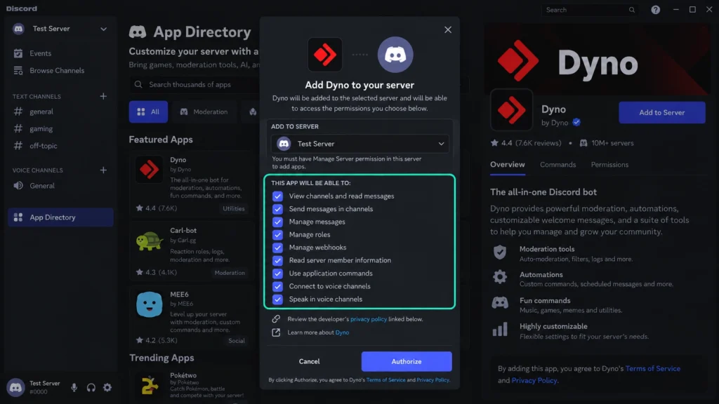 Настройка разрешений команд бота в разделе интеграций Discord.