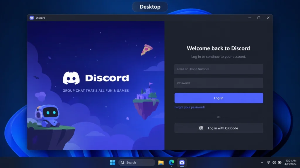 Экран входа в настольный клиент Discord на компьютере