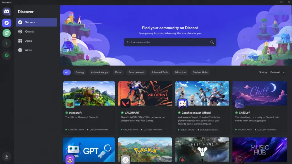 Категории публичных серверов в разделе Discover Discord