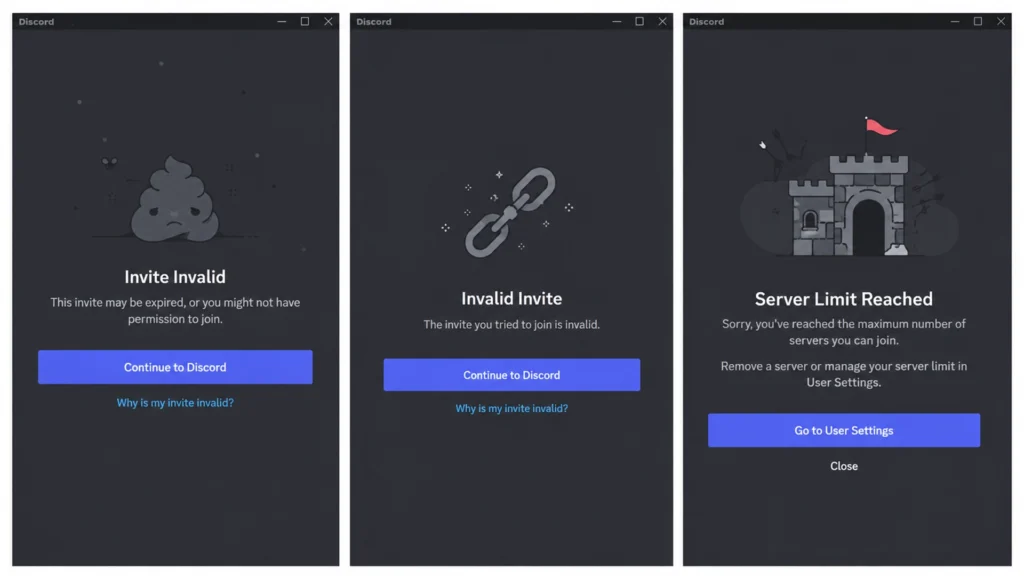 сообщения Discord о просроченной и недействительной ссылке-приглашении.