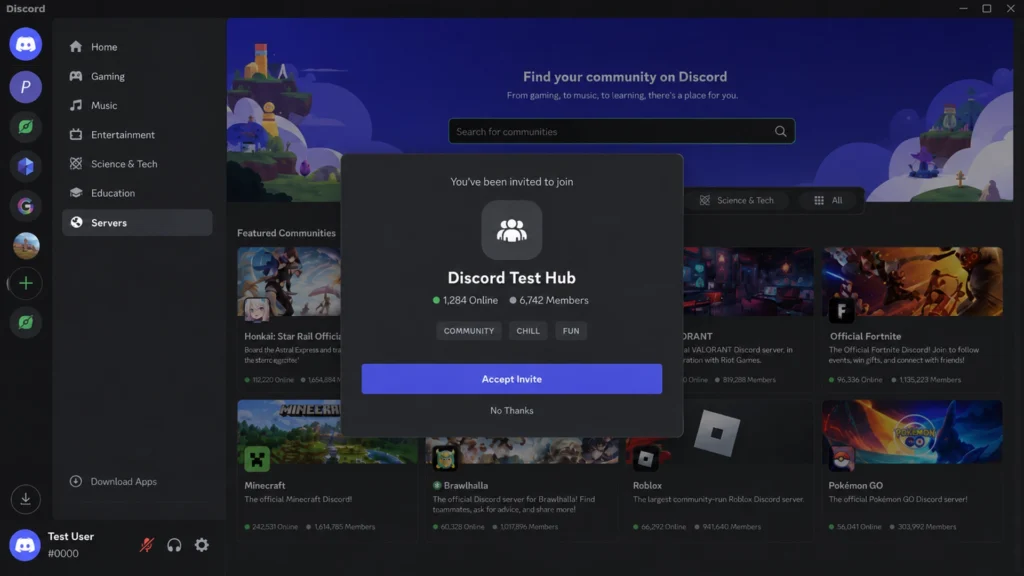 Предварительный экран приглашения на тестовый сервер Discord
