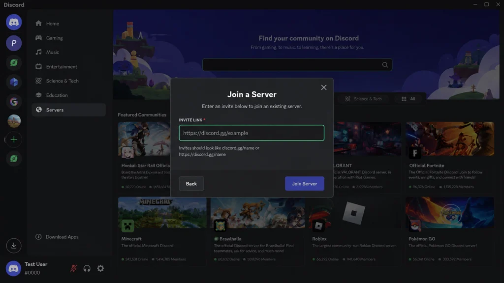 Поле для ввода ссылки-приглашения в окне Join a Server Discord