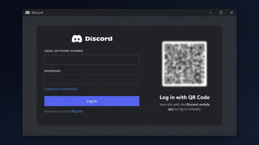 Экран входа Discord с полями аккаунта и QR-кодом.