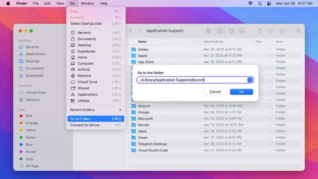 Папка Discord в Application Support на macOS