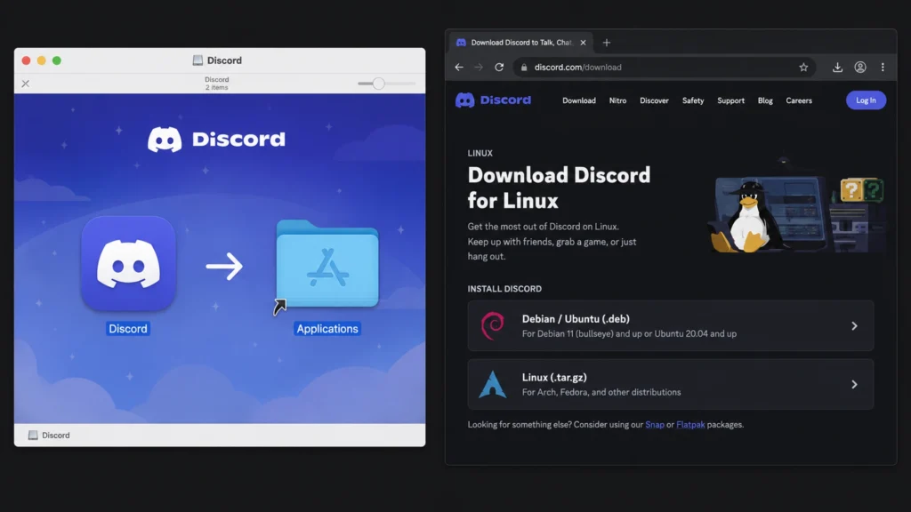 Установка Discord через DMG на macOS и выбор версии Discord для Linux.
