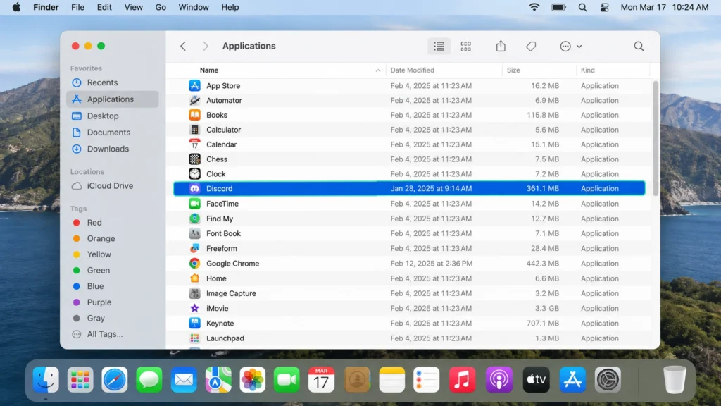 Discord в папке Applications на macOS перед удалением