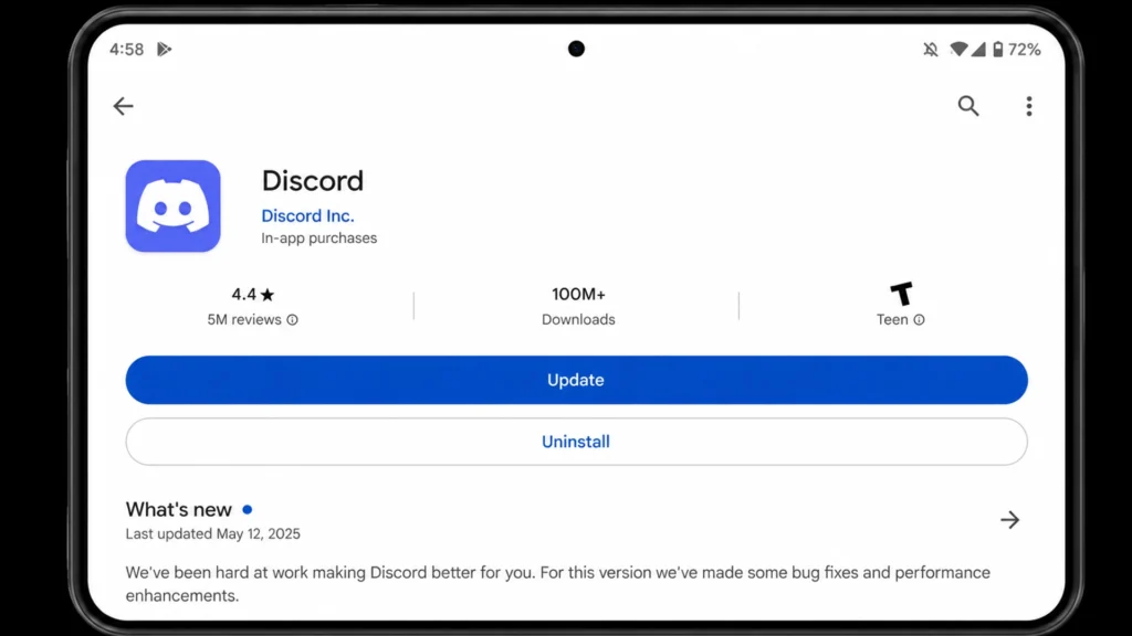 официальная страница Discord в Google Play с доступным обновлением приложения
