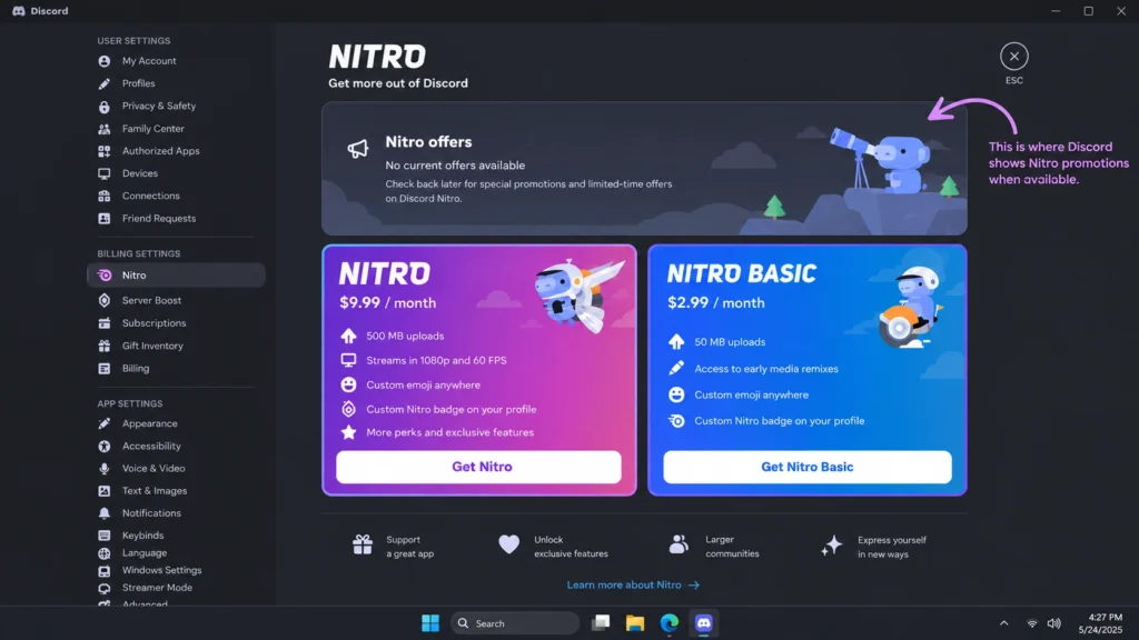 Раздел Discord Nitro для проверки доступных промоакций