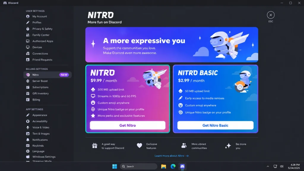 Страница Discord Nitro в настройках настольного приложения