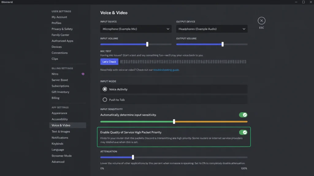 параметр Quality of Service High Packet Priority в настройках Discord