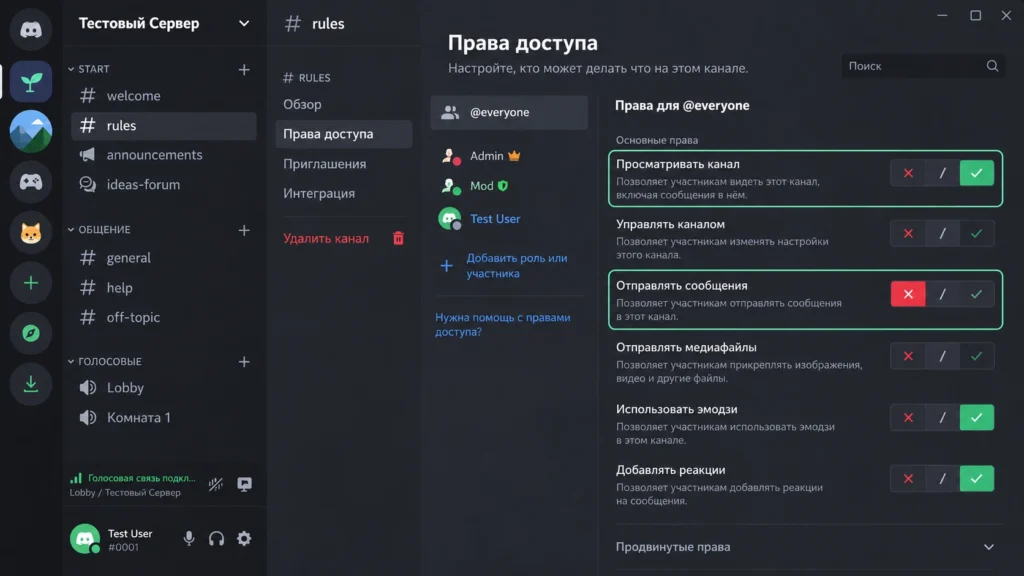 Права доступа канала rules в Discord с разрешённым просмотром и запретом на отправку сообщений