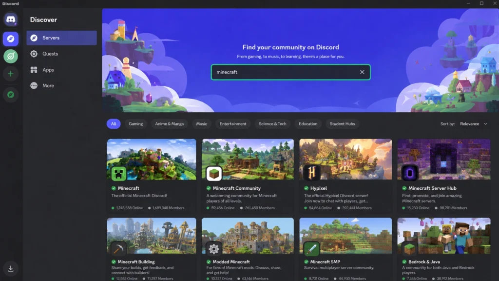 Результаты поиска серверов Minecraft в Discord Discover