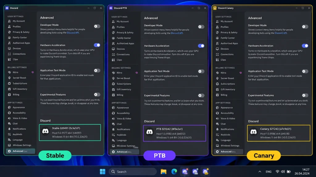 официальные страницы загрузки Discord Stable, PTB и Canary