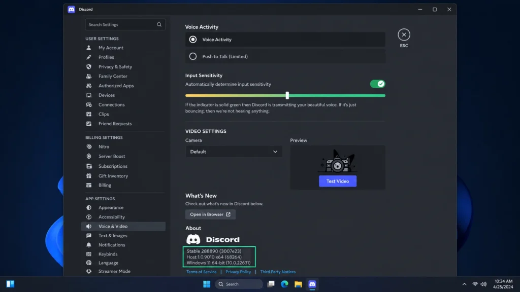 Версия Discord Stable в нижней части User Settings