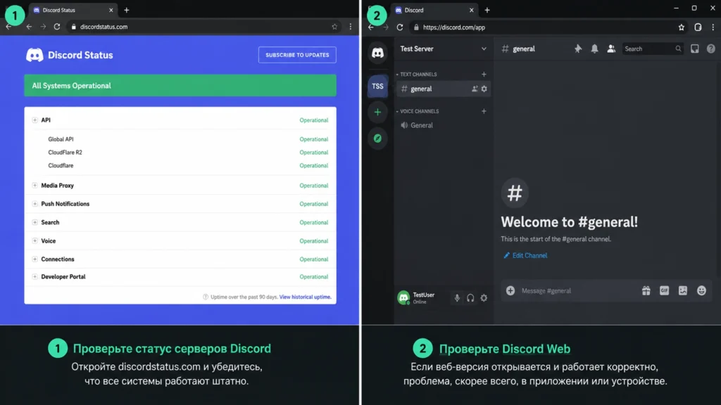 проверка состояния серверов Discord и работа веб-версии сервиса.