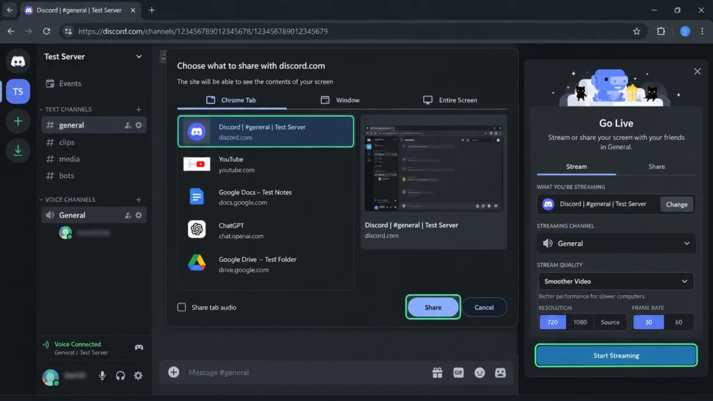 Выбор окна для демонстрации экрана через Discord Web