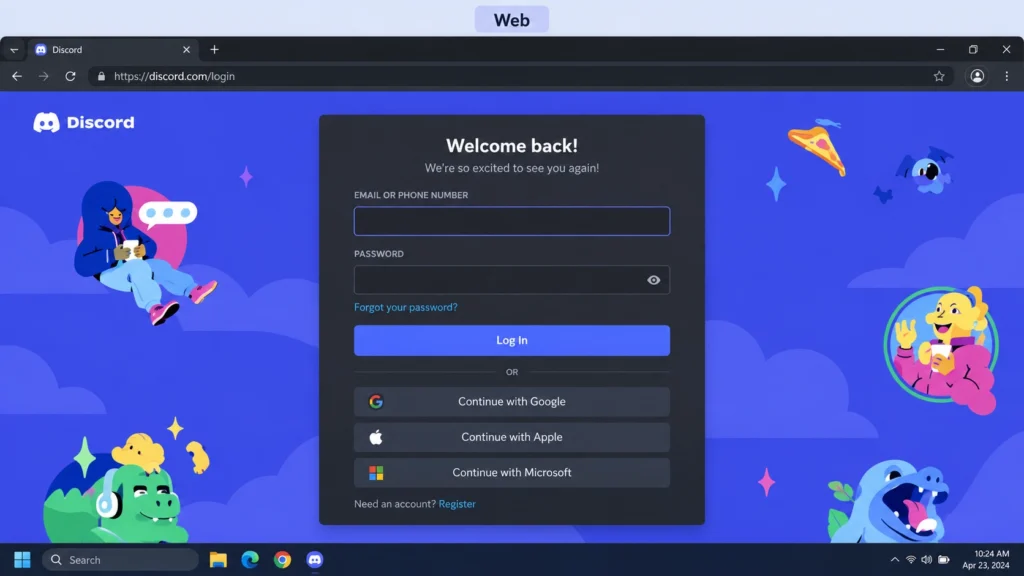 Экран входа в веб-версию Discord в браузере